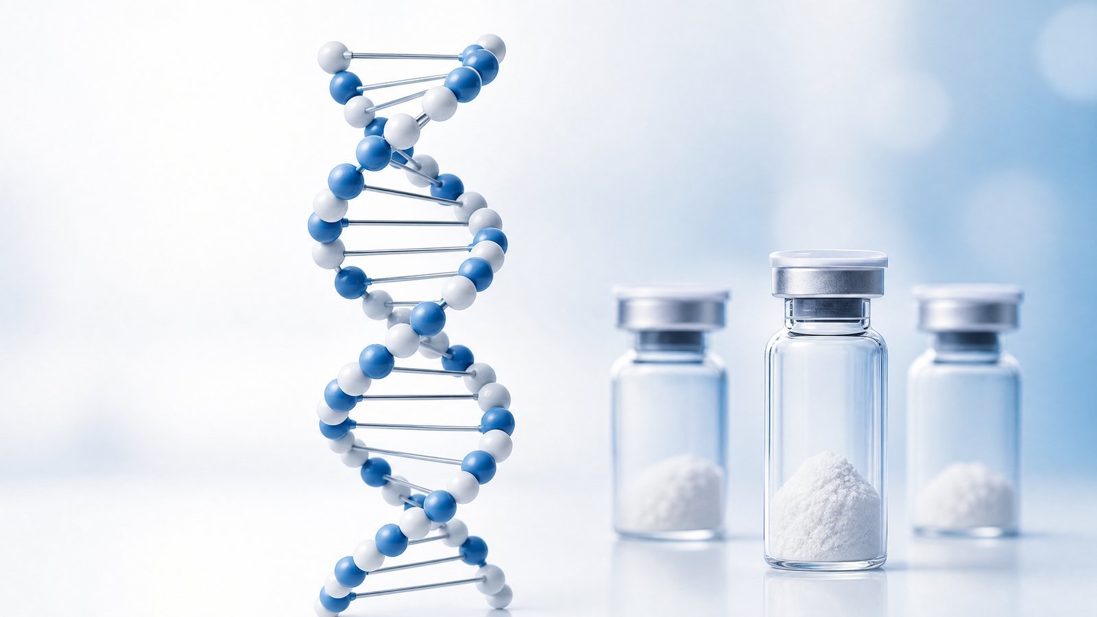 Forschungspeptide-Fläschchen und DNA-Helix in einer Laborumgebung